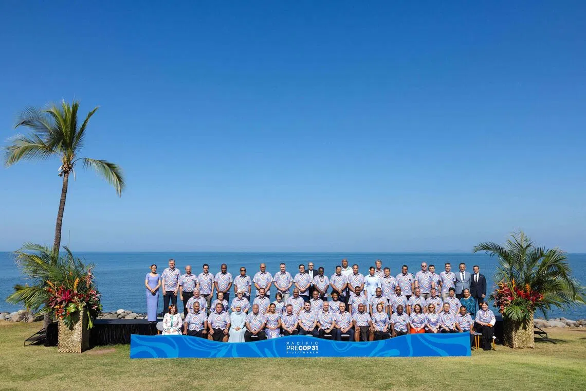Pacific leaders and delegates posing for a family photo at the conclusion of the final day of the Pacific Pre-COP31 Summit in Nadi, Fiji.