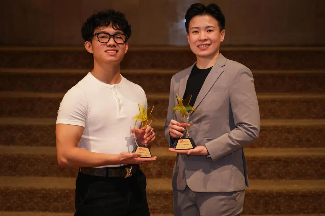 Portrait of New Hui Fen, 34, (right) recipient of the Bowler of the Year 2025 award; and Mike Ong, 20, recipient of theYouth Bowler of the Year 2025 award; at the Singapore Bowling Federation Awards 2026, held at Raffles Town Club on Apr 7, 2026.
