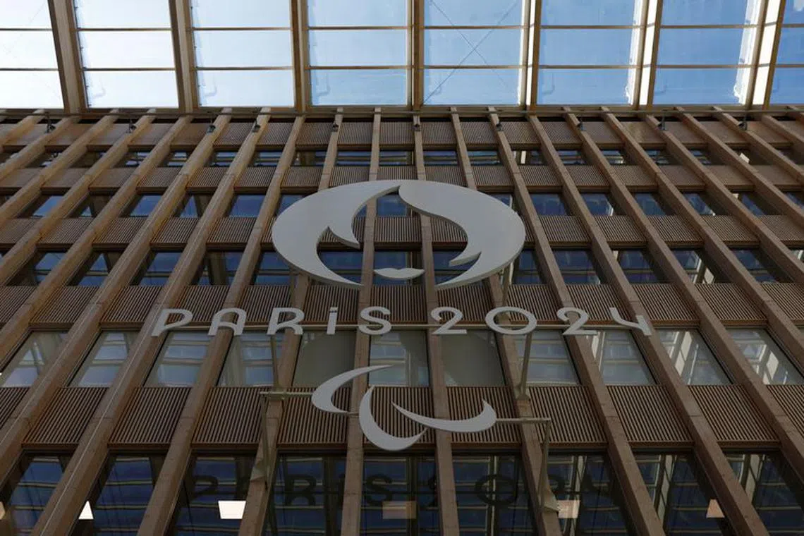 Olympics - Paris 2024 Olympics Press Conference - Paris, France - July 18, 2023 The logo of the Paris 2024 Paralympics is pictured on the building of the Organising Committee headquarters ahead of a press conference REUTERS/Gonzalo Fuentes/File photo