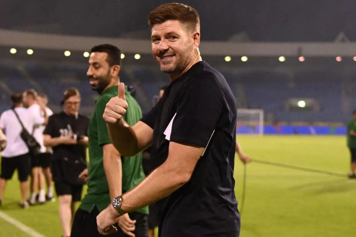 Al-Ettifaq coach Steven Gerrard celebrating his team's 2-1 win against Al-Nassr in the Saudi Pro League match at the Prince Mohamed bin Fahd Stadium in Dammam.