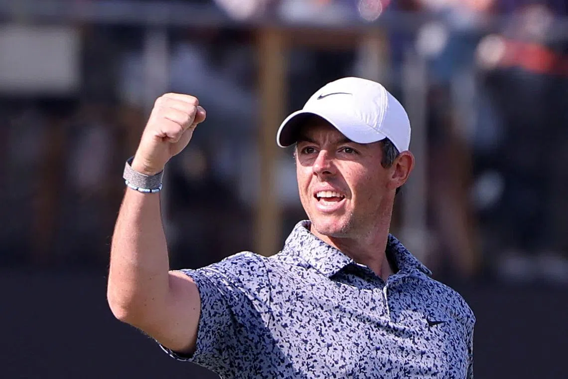Rory McIlroy of Northern Ireland celebrating after winning the final round of the Dubai Desert Classic 2023 Golf Championship at the Emirates Golf Club in Dubai, on Monday.