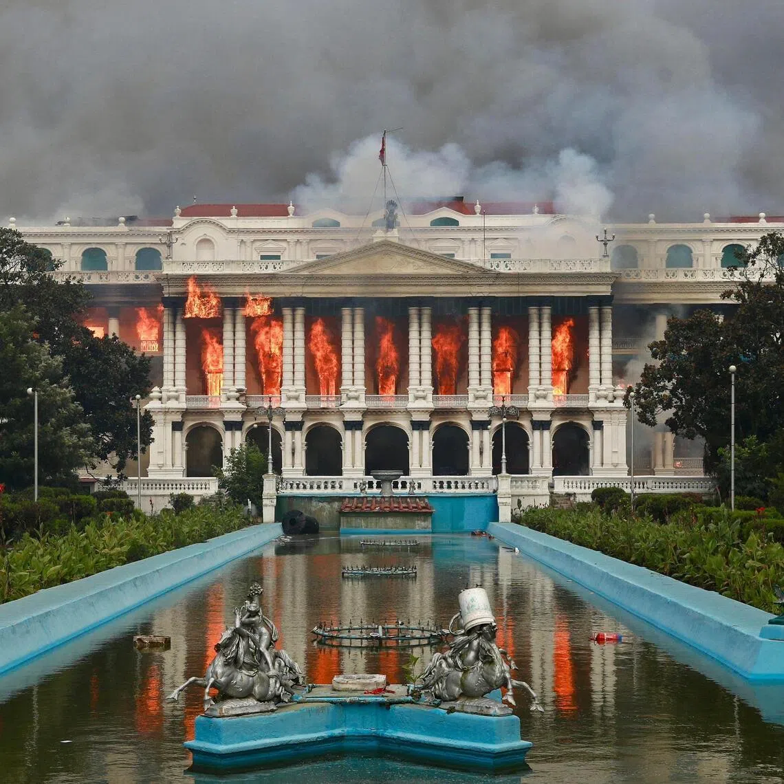 Fire rages through the Singha Durbar, the main administrative building for the Nepal government, in Kathmandu on Sept 9, 2025, a day after a police crackdown on demonstrations over social media prohibitions and corruption by the government..