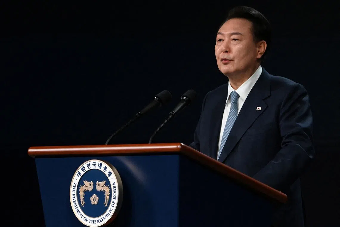 South Korean President Yoon Suk Yeol speaks during an opening ceremony for the 3rd Summit for Democracy in Seoul, South Korea 18 March 2024.    KIM MIN-HEE/Pool via REUTERS