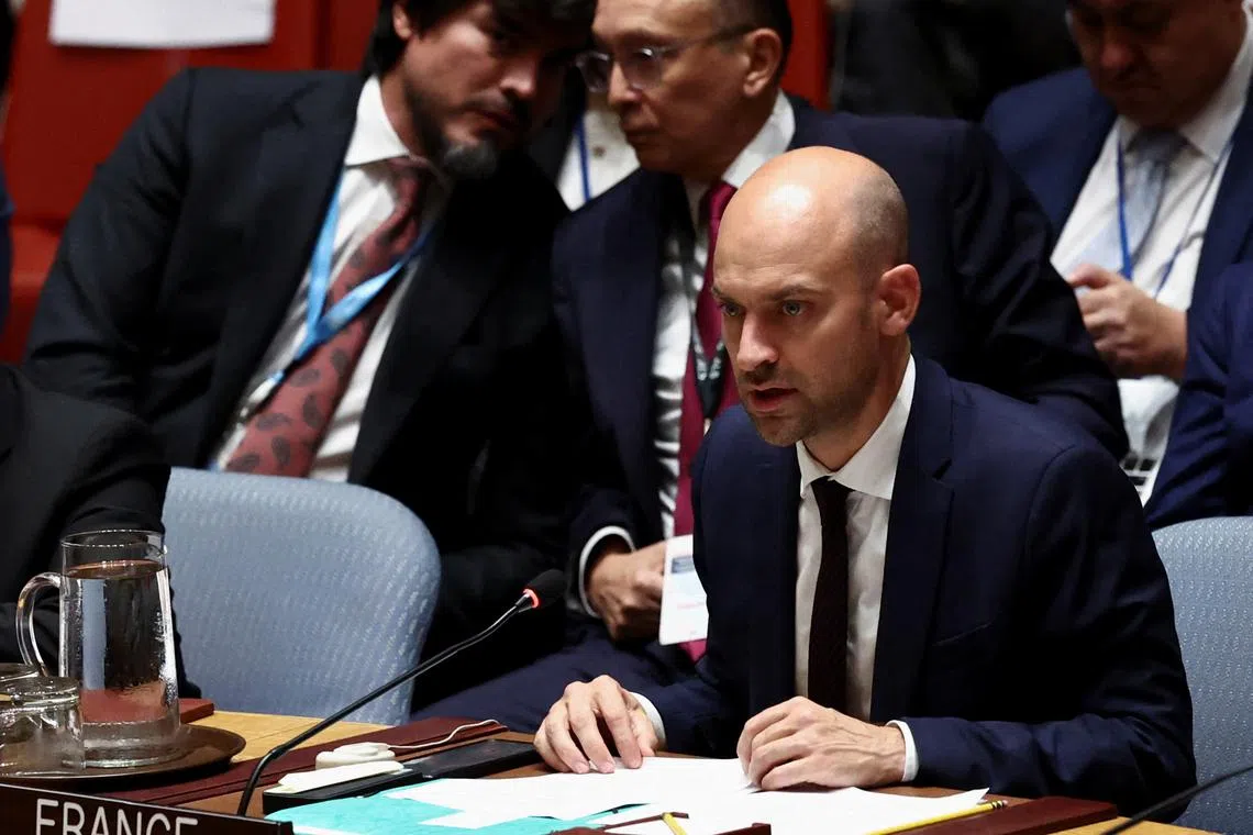 France's Foreign Minister Jean-Noel Barrot speaks during a UN Security Council meeting on leadership for peace, on the sidelines of the 79th United Nations General Assembly at U.N. headquarters in New York, U.S., September 25, 2024.  REUTERS/Brendan McDermid