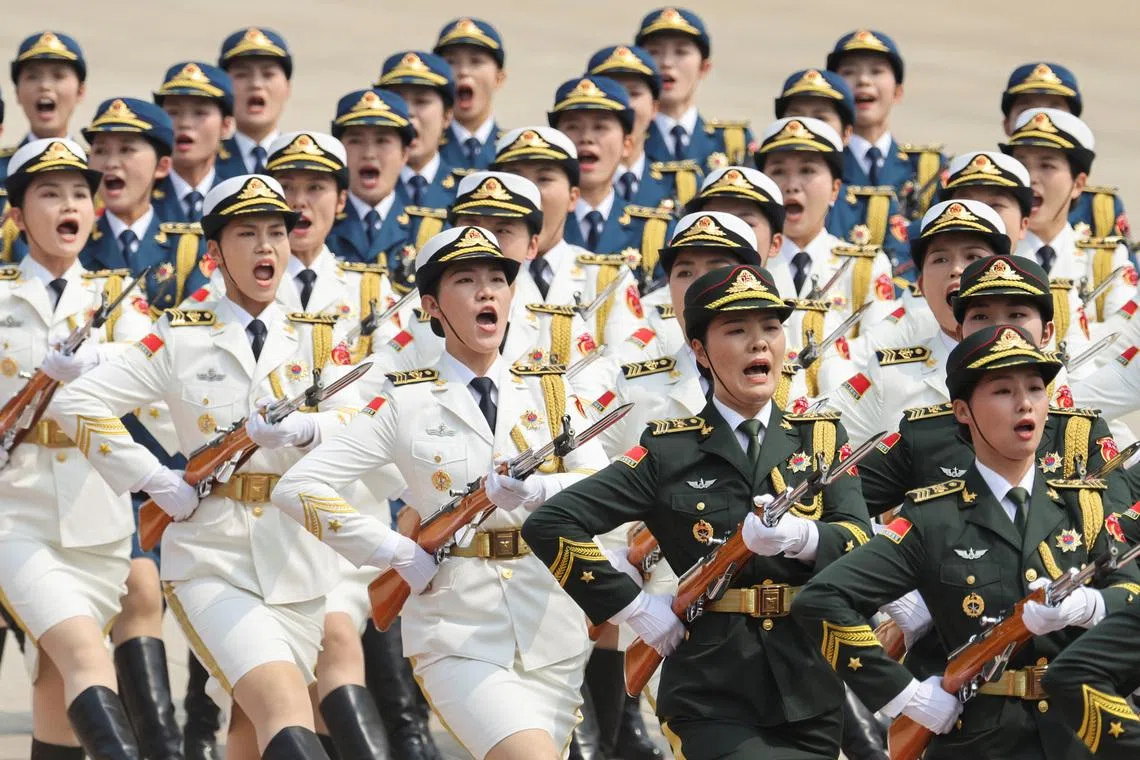Chinese People's Liberation Army honour guards marching during the welcome ceremony for US President Donald Trump by Chinese President Xi Jinping at the Great Hall of the People in Beijing, China, on May 14.