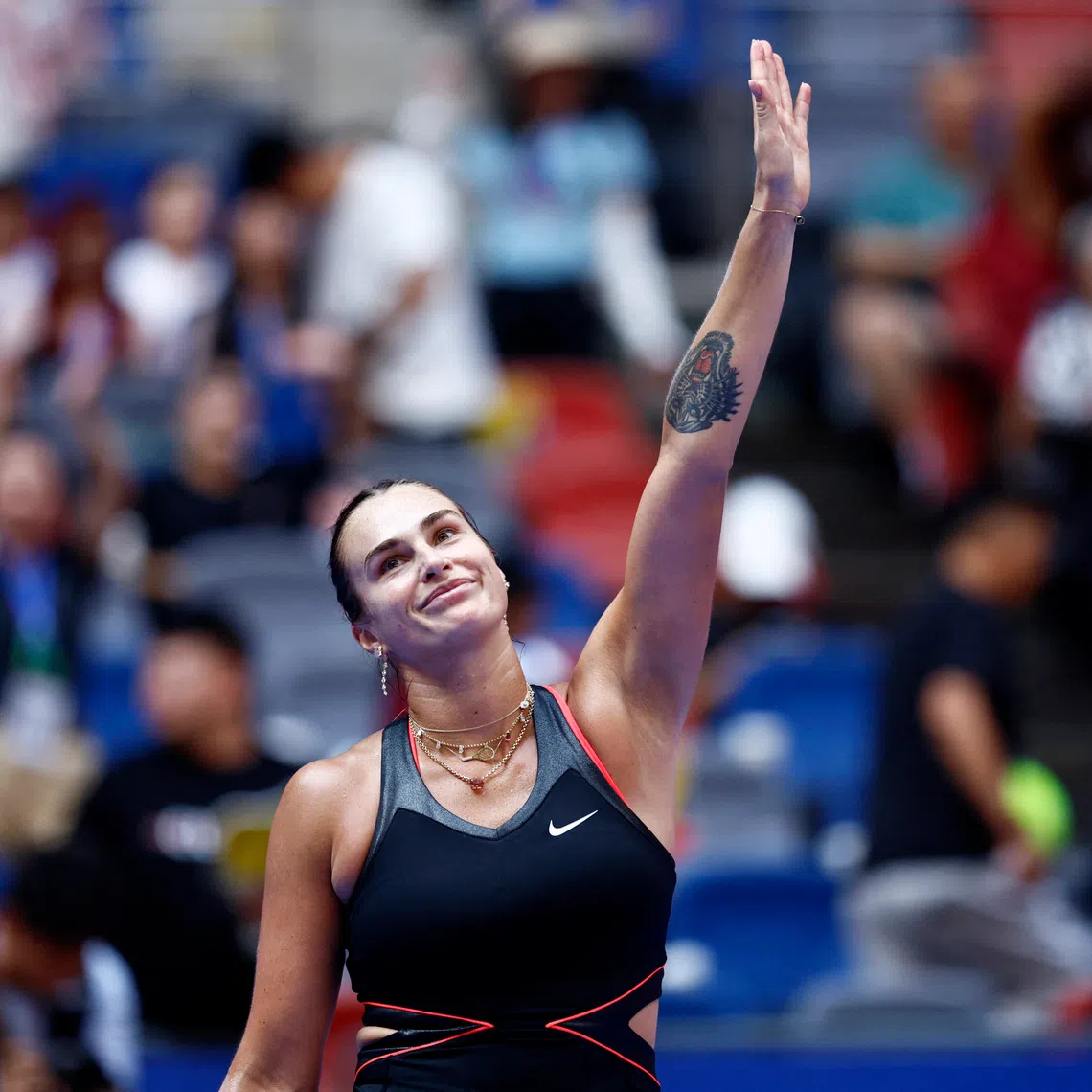 Tennis - WTA 1000 - Wuhan Open - Optics Valley International Tennis Center, Wuhan, China - October 10, 2025 Belarus' Aryna Sabalenka celebrates after winning her quarter final match against Kazakhstan's Elena Rybakina REUTERS/Tingshu Wang