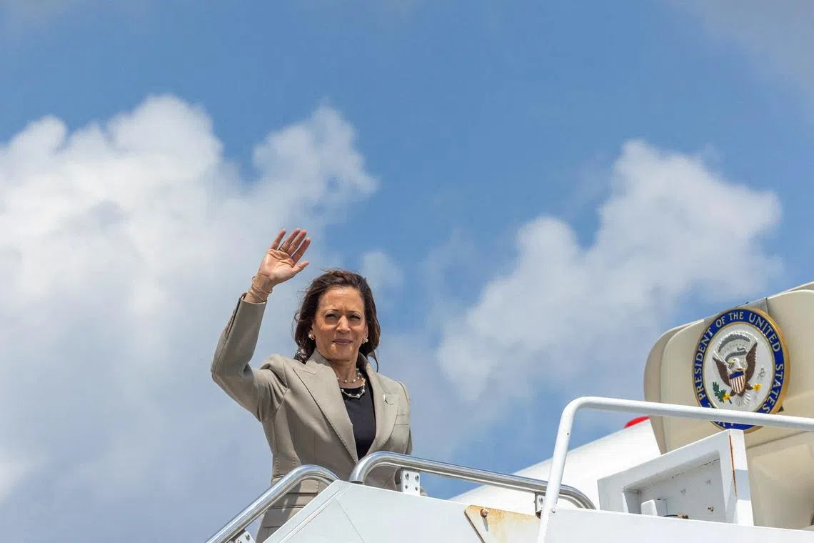 FILE PHOTO: U.S. Vice President Kamala Harris boards Air Force Two as she leaves Pope Army Airfield after campaigning in Fayetteville, North Carolina, U.S., July 18, 2024. REUTERS/Kevin Mohatt/File Photo