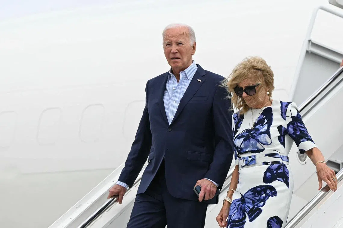US President Joe Biden and First Lady Jill Biden stepping off Air Force One upon arrival in Westhampton Beach, New York, on June 29.