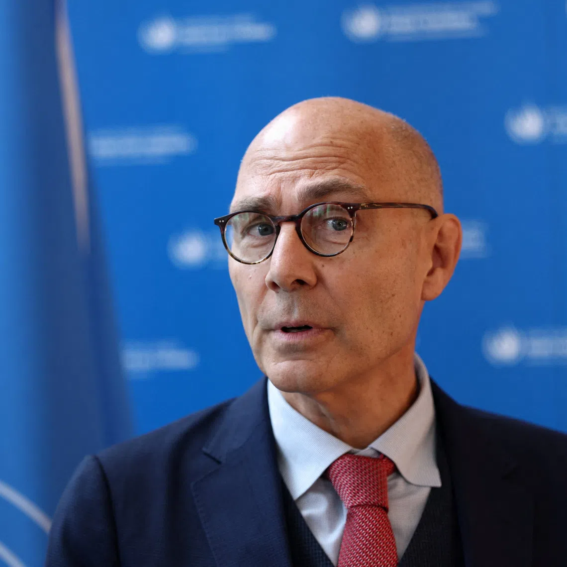 United Nations (UN) High Commissioner for Human Rights Volker Tuerk speaks after Navanethem 'Navi' Pillay, who held the same post in the past, was announced as the recipient of the 2026 Nobel Peace Prize, at the UN office in Geneva, Switzerland, October 9, 2026. REUTERS/Denis Balibouse