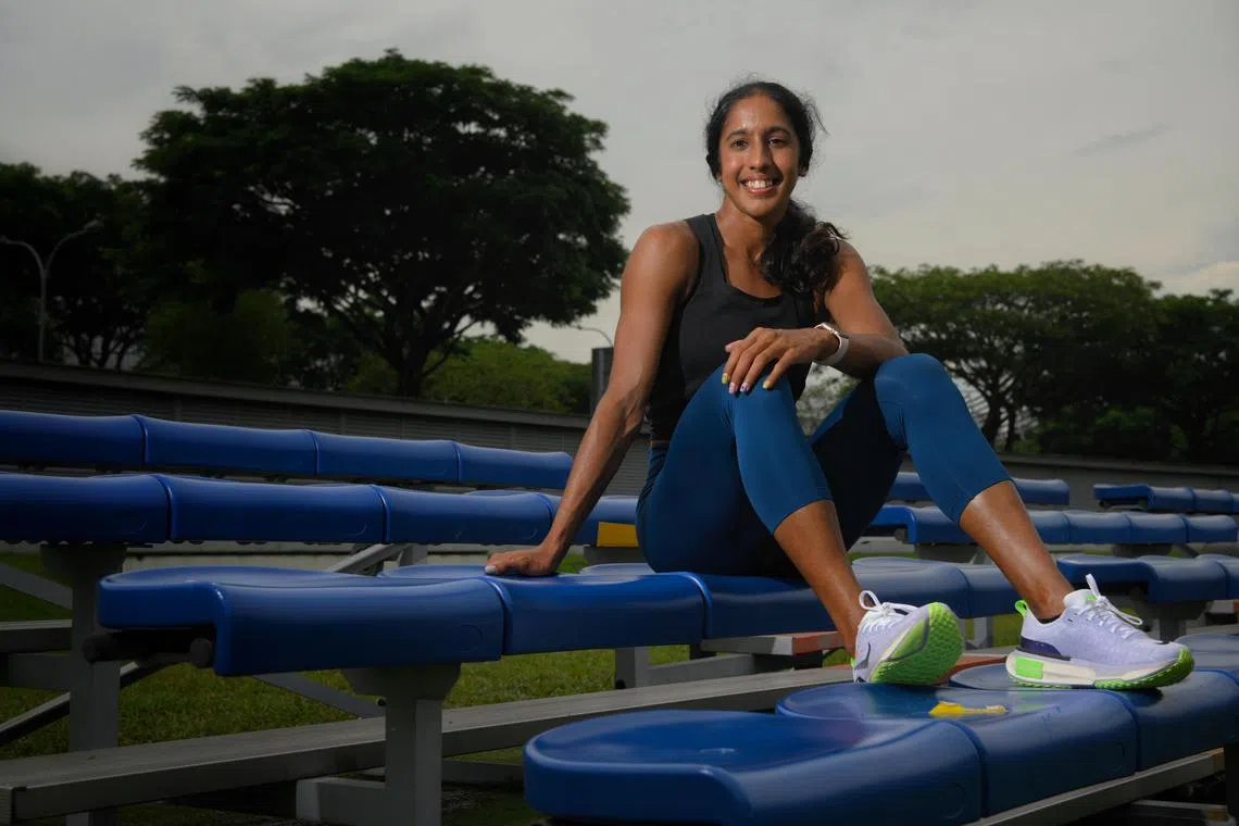 Sprinter Shanti Pereira pictured at the Kallang Practice Track, 6 April 2023. She is one of the nominees for The Straits Times Athlete of the Year Award 2022.