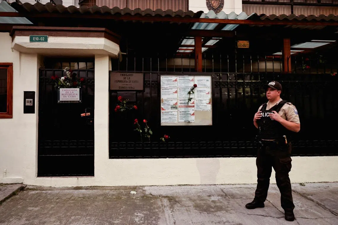 A police officer stands outside Cuba's embassy in Quito after Ecuador declared Cuban Ambassador Basilio Gutierrez and his diplomatic staff \"persona non grata,” giving them 48 hours to leave the country, according to the foreign ministry, in Quito, Ecuador, March 4, 2026. REUTERS/Karen Toro