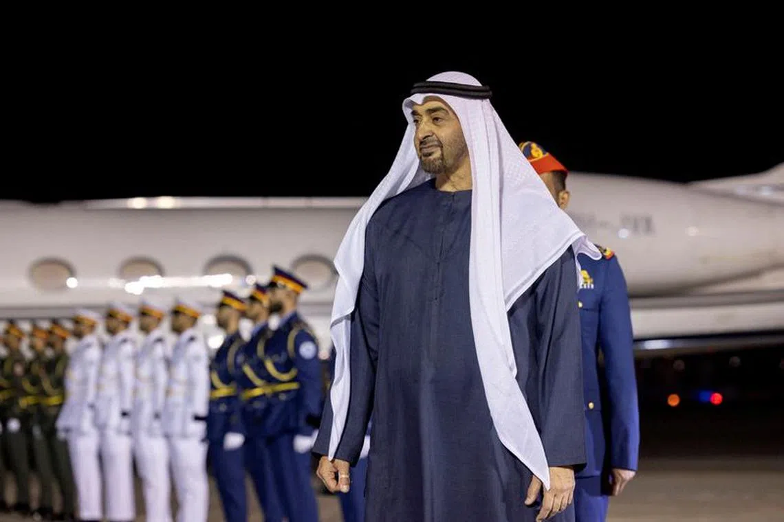 Sheikh Mohamed bin Zayed Al Nahyan, President of the United Arab Emirates, looks on, on the day of Jordan's King Abdullah visit, at Al Bateen Airport in Abu Dhabi, United Arab Emirates, October 31, 2023. UAE Presidential Court/Ryan Carter/Handout via REUTERS/File Photo
