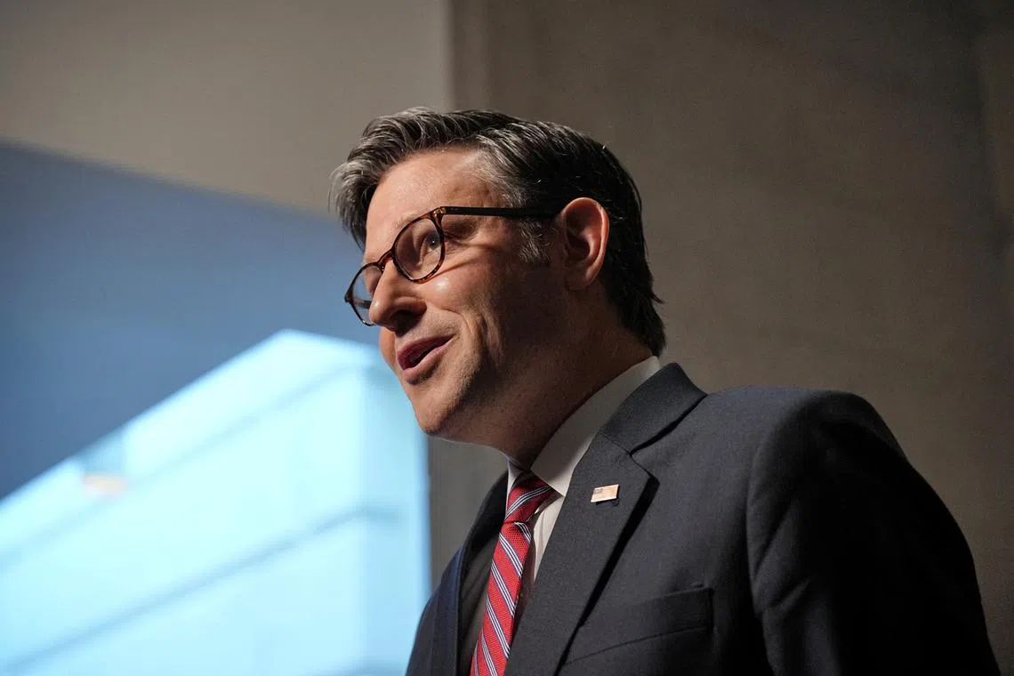 FILE PHOTO: U.S. House Speaker Mike Johnson (R-LA) speaks with members of the media, on the day of a closed House Republican Conference meeting on Capitol Hill in Washington, D.C., U.S., May 20, 2025. REUTERS/Ken Cedeno/ File Photo