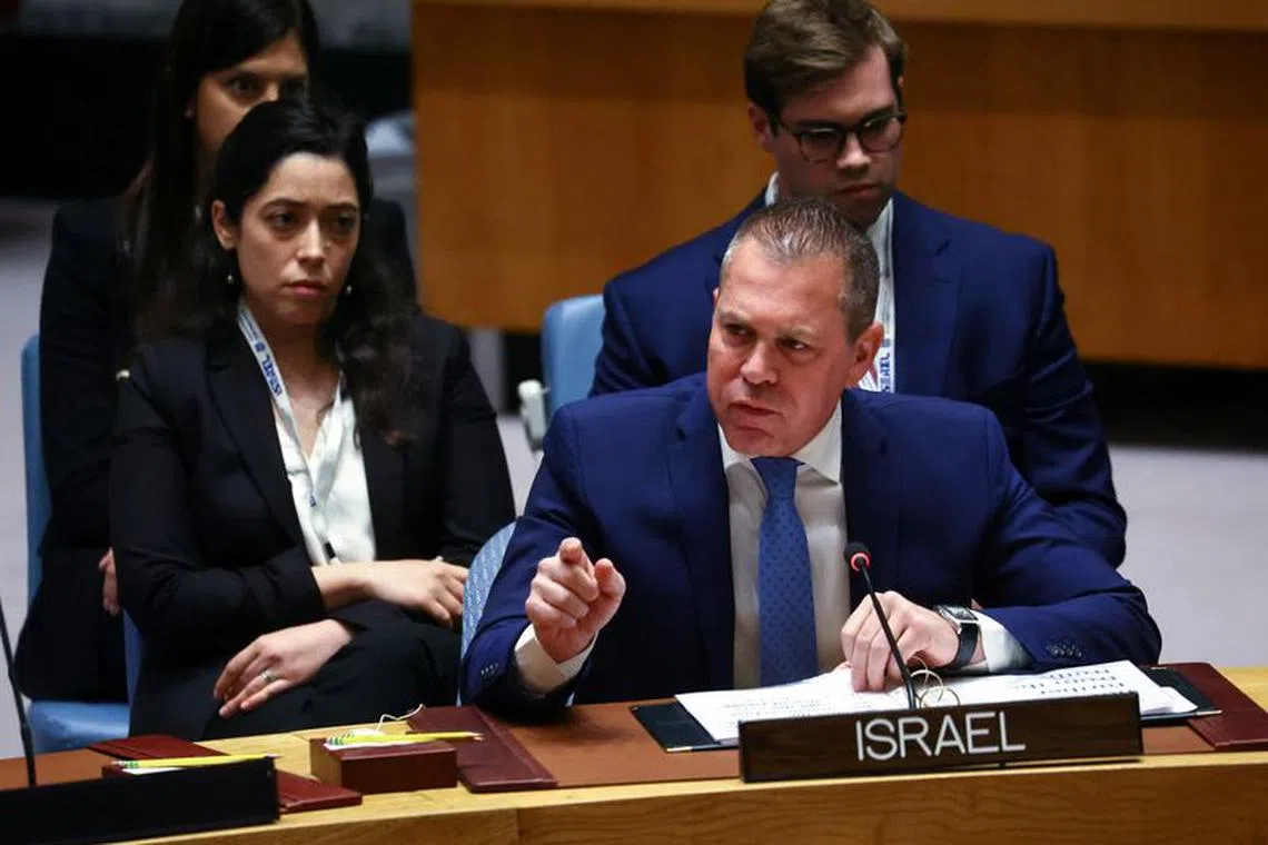 FILE PHOTO: Israel’s Ambassador to the United Nations Gilad Erdan speaks during a meeting of the United Nations Security Council on &quot;The Middle East, including the Palestinian question&quot; at U.N., headquarters in New York City, U.S. April 25, 2023. REUTERS/Mike Segar/File Photo