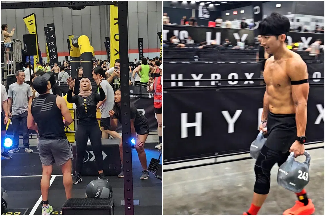 Ms Kamilah Tohar (left) completing Hyrox Bangkok in May with the help of partner Sam Chong, and Mr Edward Soon (right) at the Hyrox race in Bangkok in April 2025.