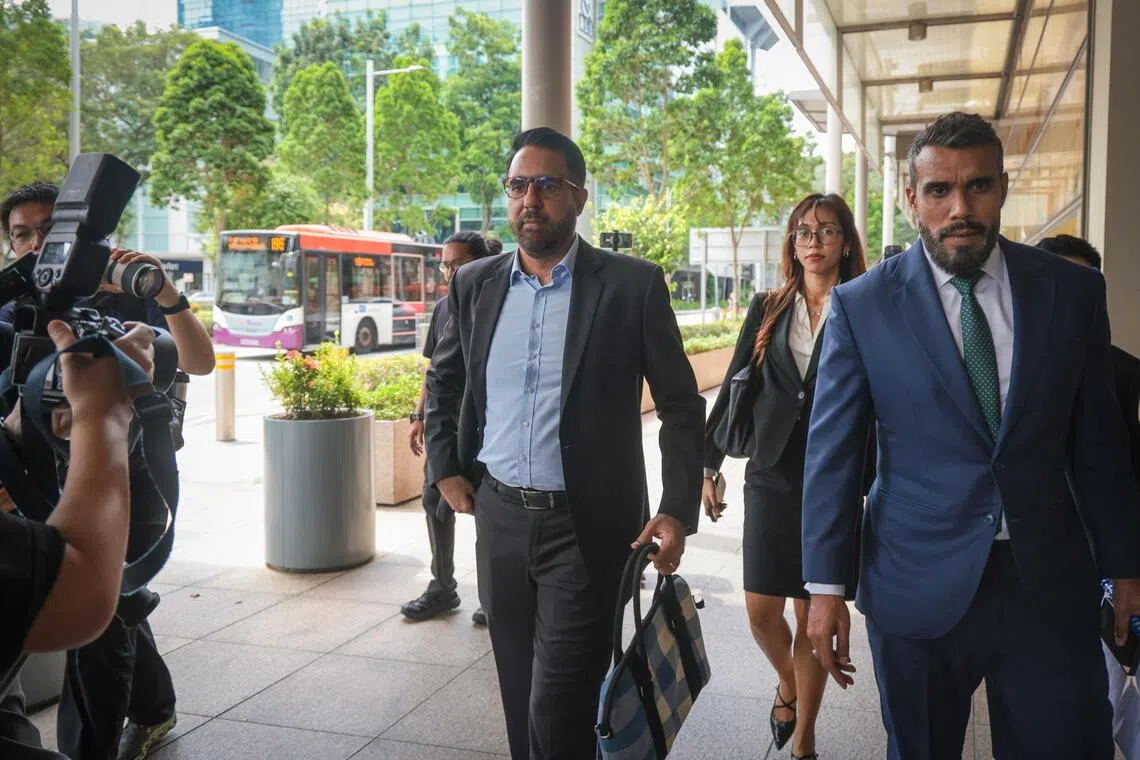 Leader of the Opposition Pritam Singh (left) arriving at the High Court with defence counsel Andre Jumabhoy on Nov 4.