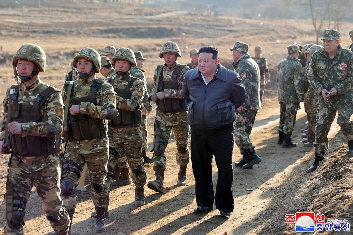 North Korean leader Kim Jong Un inspects field training of troops at a major military operations base in the western region of the country, as he ordered heightened readiness for war, KCNA news agency reported, in North Korea, in this picture released on March 7, 2024 by the Korean Central News Agency. KCNA via REUTERS