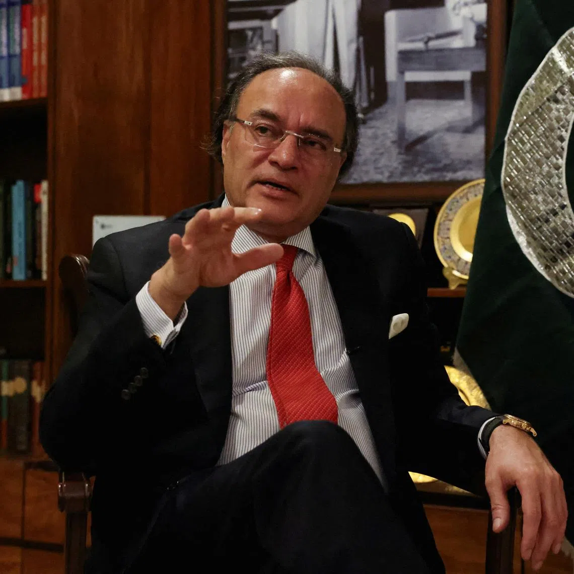 FILE PHOTO: Pakistan Finance Minister Muhammad Aurangzeb speaks during a Reuters interview in Islamabad, Pakistan, June 15, 2026. REUTERS/Akhtar Soomro/File Photo