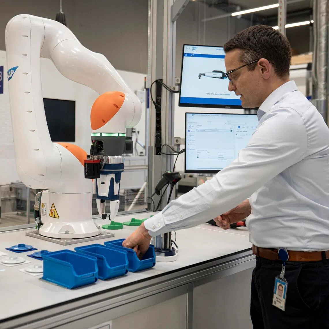 SAP product management executive Matthias Deindl at an AI-enhanced production line in Walldorf, Germany, in April.