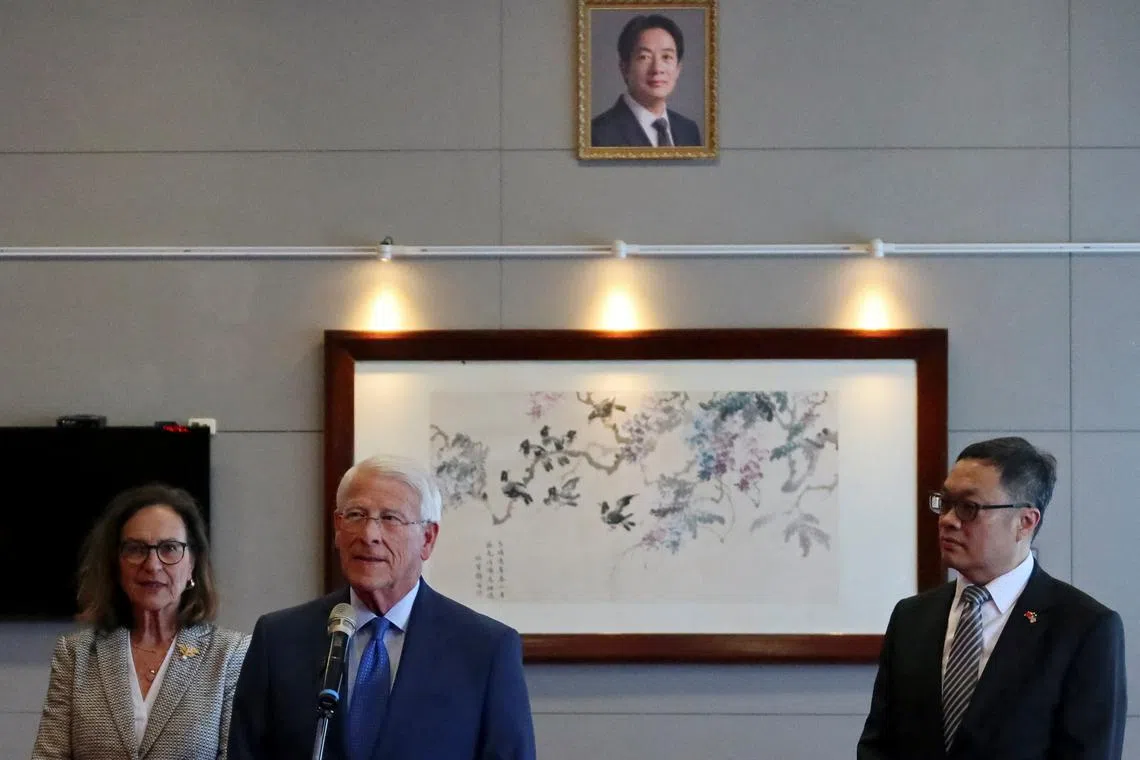 U.S. Senator Roger Wicker (R-MS), chairman of the Senate Armed Services Committee, speaks next to U.S. Senator Deb Fischer (R-NE) at the Songshan Airport in Taipei, Taiwan August 29, 2025. REUTERS/Fabian Hamacher