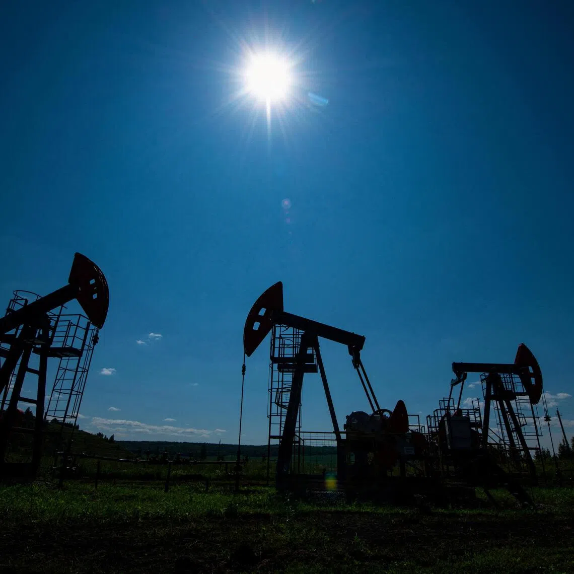 Oil pump jacks outside Almetyevsk, in the Republic of Tatarstan, Russia on July 14, 2025.