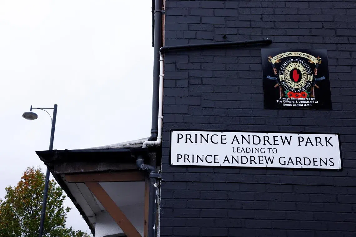 A sign for 'Prince Andrew park and gardens' on a wall in Belfast, Ireland as calls to change ‘Prince Andrew’ place names and street signs intensified.
