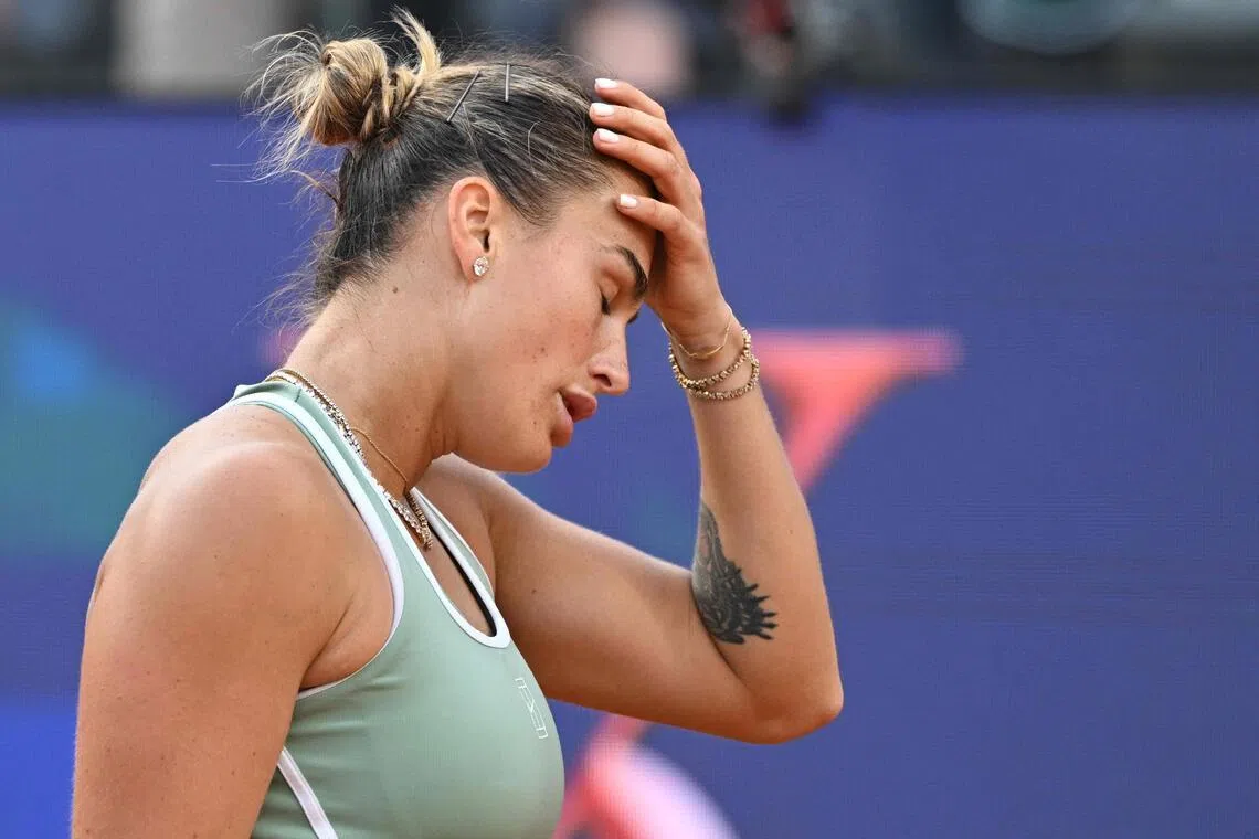 Belarus' Aryna Sabalenka reacts during her match against Romania's Sorana Cirstea on May 9.