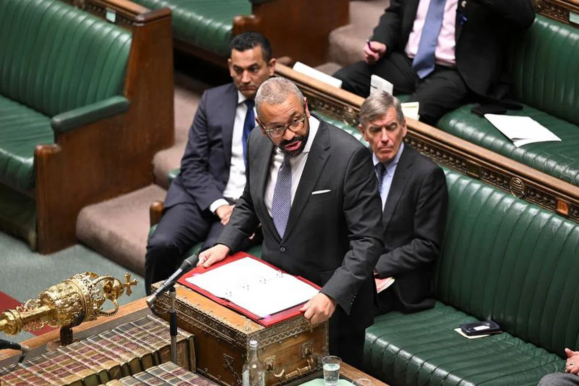 British Foreign Secretary James Cleverly speaks during Urgent Question meeting on the explosion at the Al-Ahli Arab Hospital in Gaza, at the House of Commons in London, Britain October 18, 2023.  UK Parliament/Maria Unger/Handout via REUTERS
