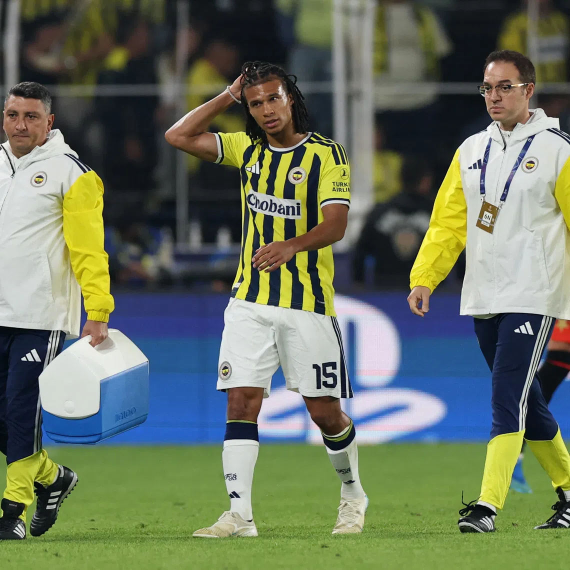 Soccer Football - UEFA Champions League - Fenerbahce v Slavia Prague - Sukru Saracoglu Stadium, Istanbul, Turkey - October 20, 2026  Fenerbahce's Nathan Ake walks off the pitch after sustaining an injury REUTERS/Murad Sezer