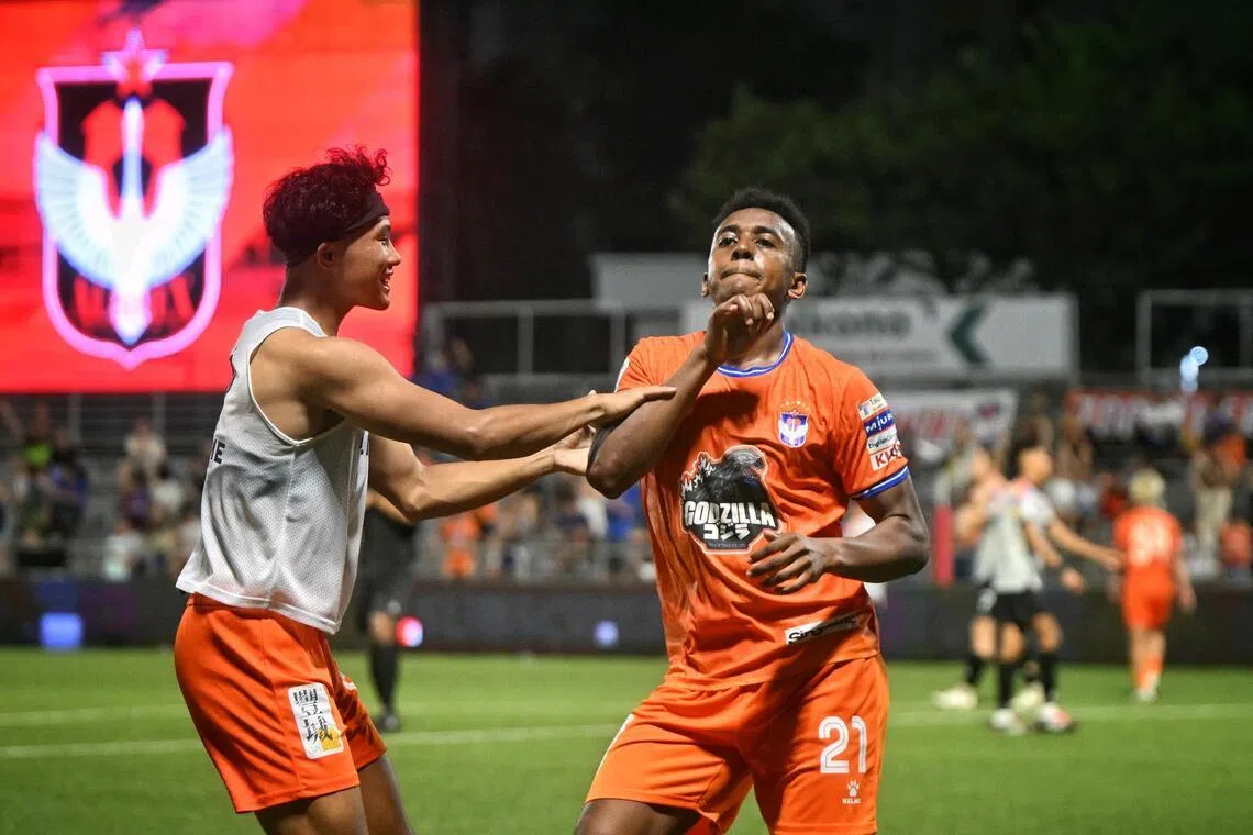 Abdul Rasaq celebrates after scoring the winning goal for Albirex Niigata against BG Tampines Rovers at the Jurong East Stadium on Apr 4, 2026.