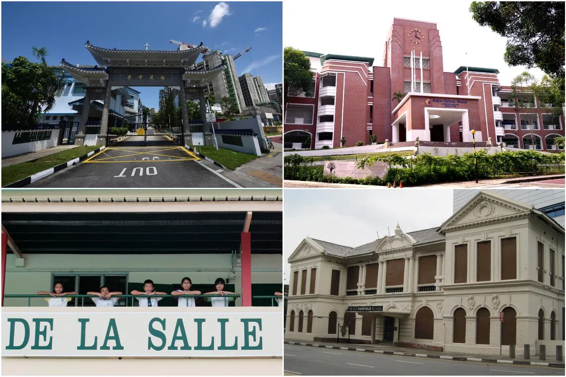 (Clockwise from top left) Maris Stella High School, Anglo-Chinese School (Primary), the old Fairfield Methodist Girls' School and De La Salle School.