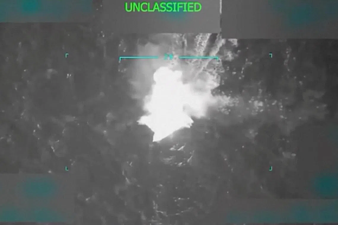 A still image from a video shared on social media by US President Donald Trump is said to show an attack on a boat leaving Venezuela that is allegedly carrying illegal narcotics.