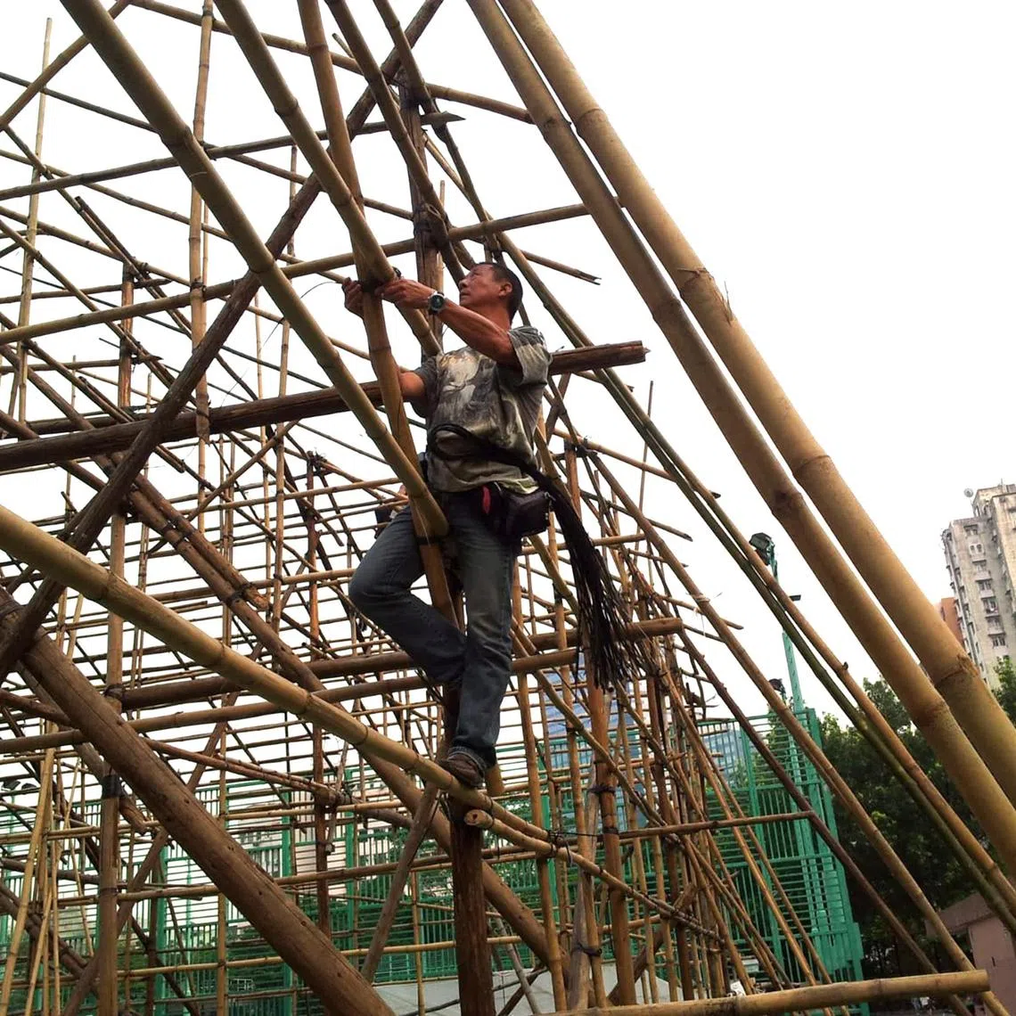 mfletter07 - Bamboo master Chan Yuk Kwong setting up bamboo scaffolding in Hong Kong. 

Photo courtesy of Chan Yuk Kwong.