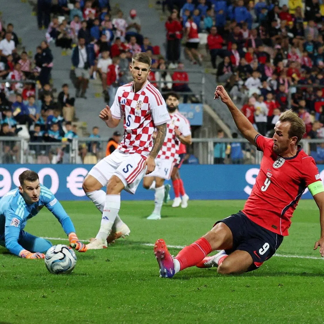 Harry Kane scoring the fifth goal in England’s 7-0 rout of Croatia on Oct 3. Harry Kane and Bukayo Saka both scored twice.