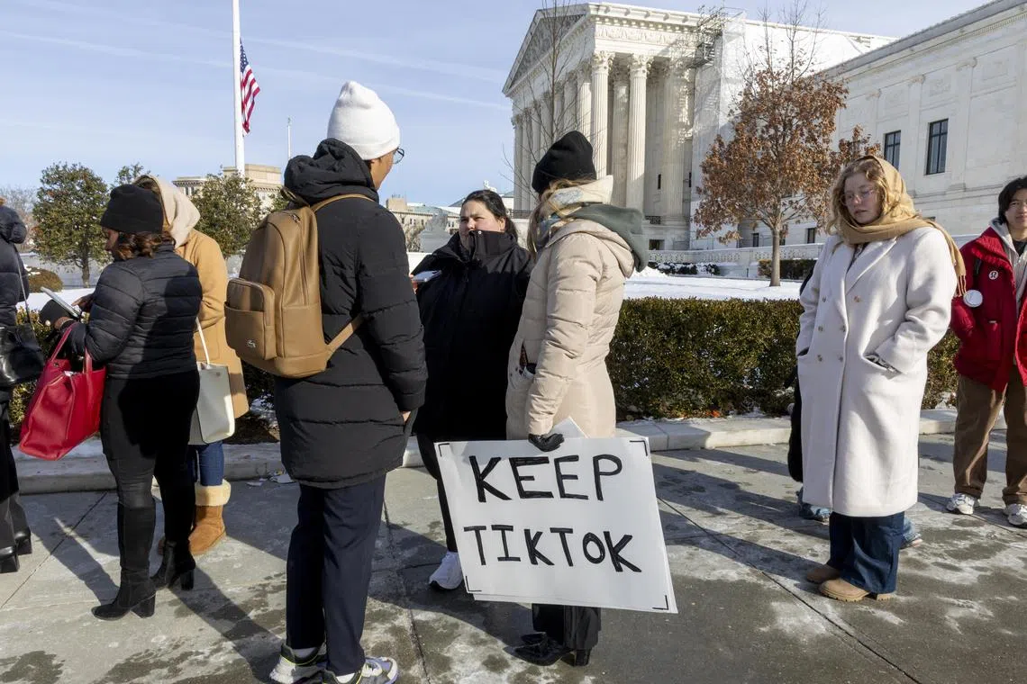 People waiting in line to watch oral arguments in the TikTok hearing at the US Supreme Court in Washington, on Jan 10.