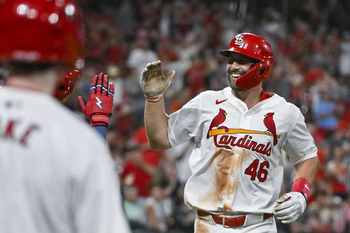 Aug 27, 2024; St. Louis, Missouri, USA;  St. Louis Cardinals first baseman Paul Goldschmidt (46) reacts after hitting a two run home run against the San Diego Padres during the fifth inning at Busch Stadium. Mandatory Credit: Jeff Curry-USA TODAY Sports/ File Photo