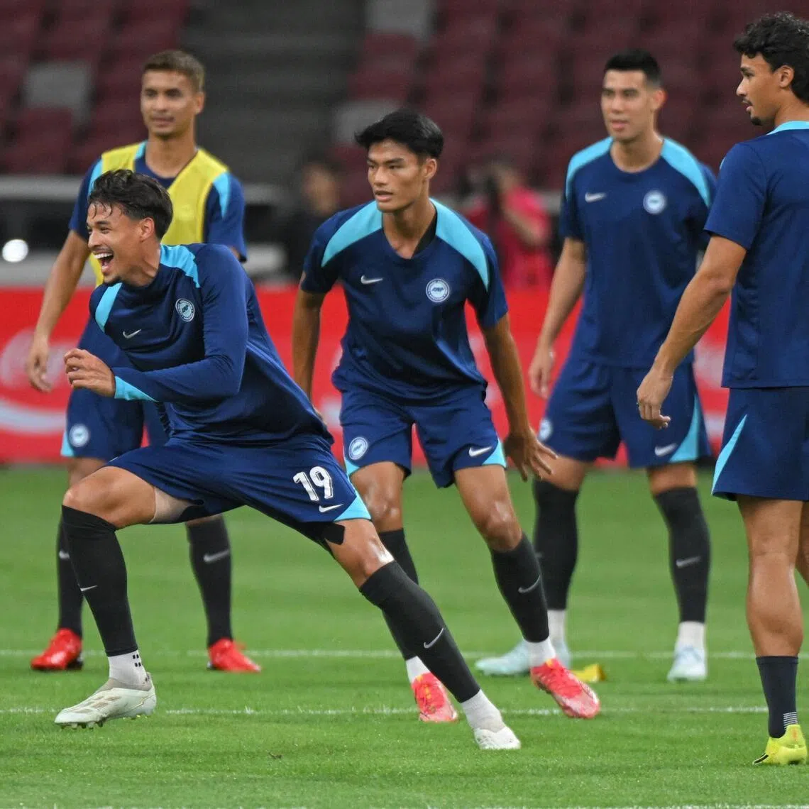 Ilhan Fandi (far left) of Singapore in action during a training session held at the National Stadium ahead of the Asian Cup qualifier against Bangladesh on March 31, 2026.
