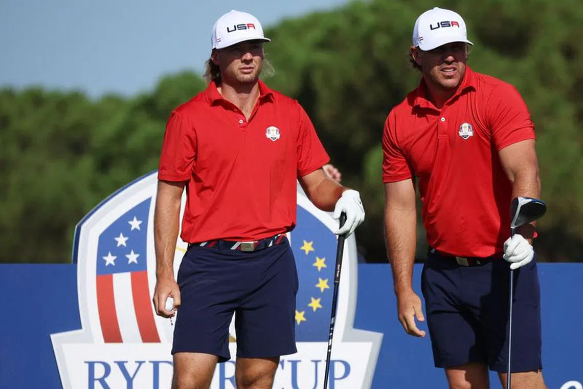 FILE PHOTO: Golf - The 2023 Ryder Cup - Marco Simone Golf &amp; Country Club, Rome, Italy - September 26, 2023 Team USA's Brooks Koepka and Sam Burns on the 11th tee ahead of the 2023 Ryder Cup REUTERS/Phil Noble/File Photo