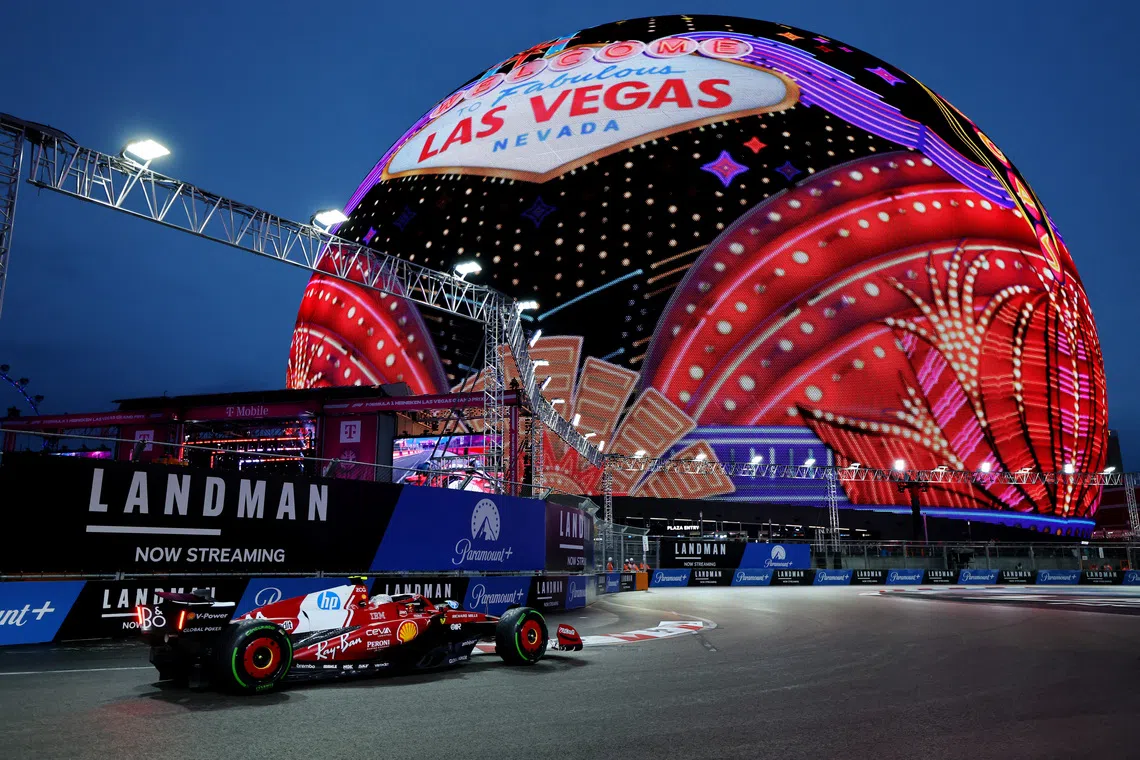 Formula One F1 - Las Vegas Grand Prix - Las Vegas Strip Circuit, Las Vegas, Nevada, United States - November 21, 2025 Ferrari's Lewis Hamilton in action during practice REUTERS/Daniel Cole