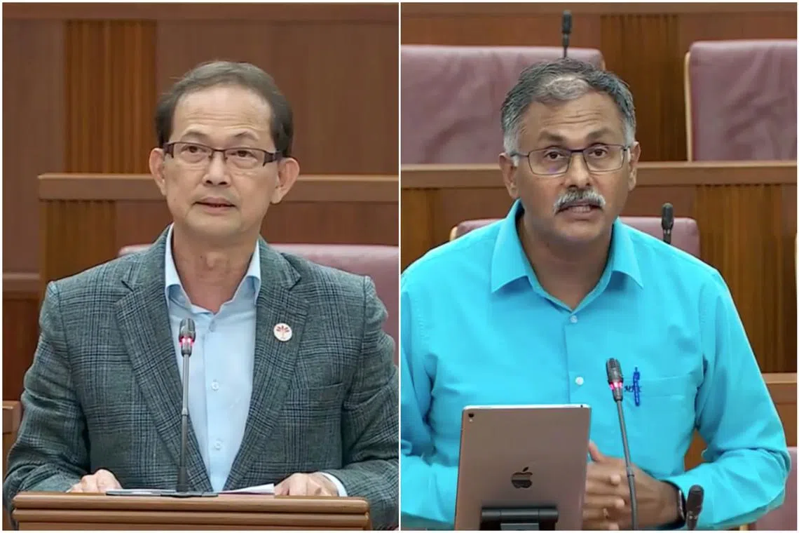 NCMP Leong Mun Wai (left) and Bukit Batok MP Murali Pillai had risen to speak during the debate on the Lease Agreements for Retail Premises Bill in Parliament.