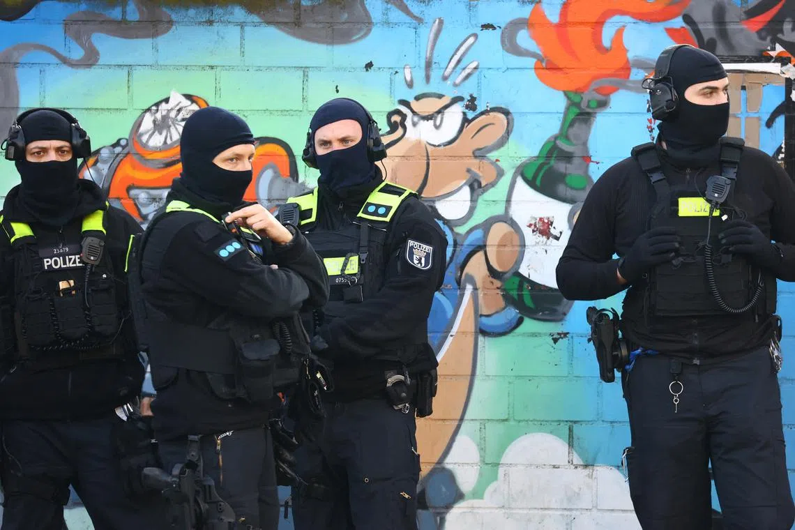 German special police secures the area as they search for long-sought members Ernst Volker S. and Burkhard G. of Germany's notorious Red Army Faction (RAF) militant group, after decades on the run from armed robbery and attempted murder charges, in Berlin, Germany, March 3, 2024.     REUTERS/Christian Mang