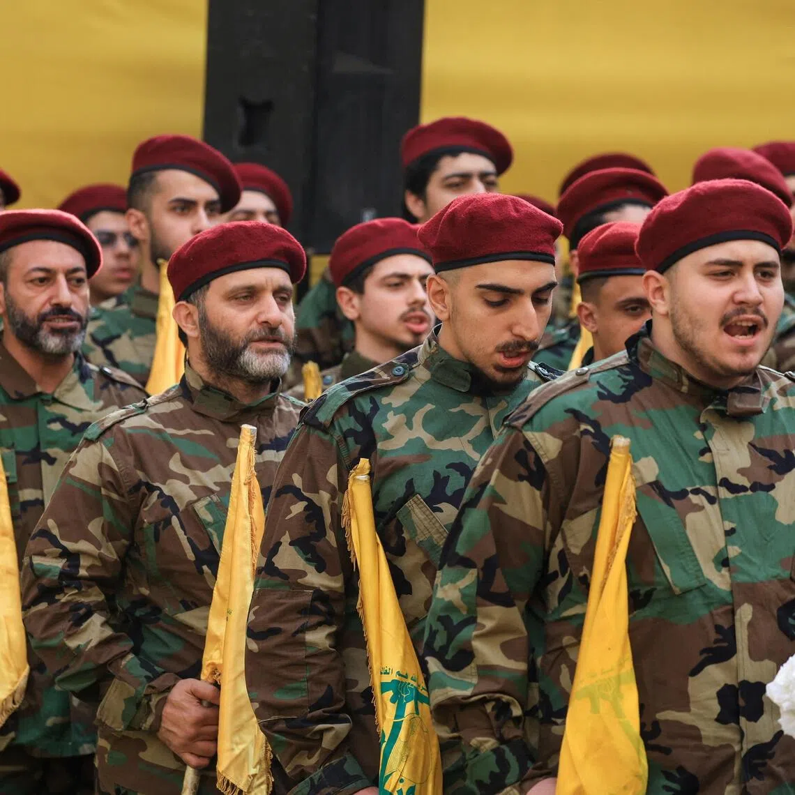 Hezbollah fighters attending a funeral in Beirut, Lebanon, in November 2025.
