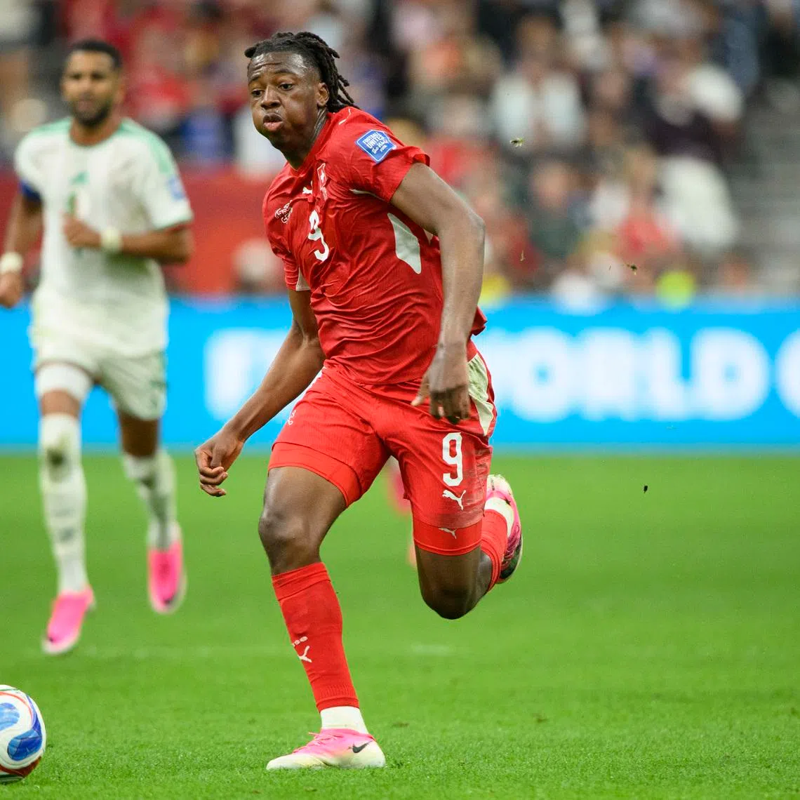 Jul 2, 2026; Vancouver, British Columbia, CAN; Switzerland midfielder Johan Manzambi (9) dribbles the ball during the first half against Algeria during a Round of 32 match in the 2026 FIFA World Cup at BC Place Vancouver. Mandatory Credit: Anne-Marie Sorvin-Imagn Images