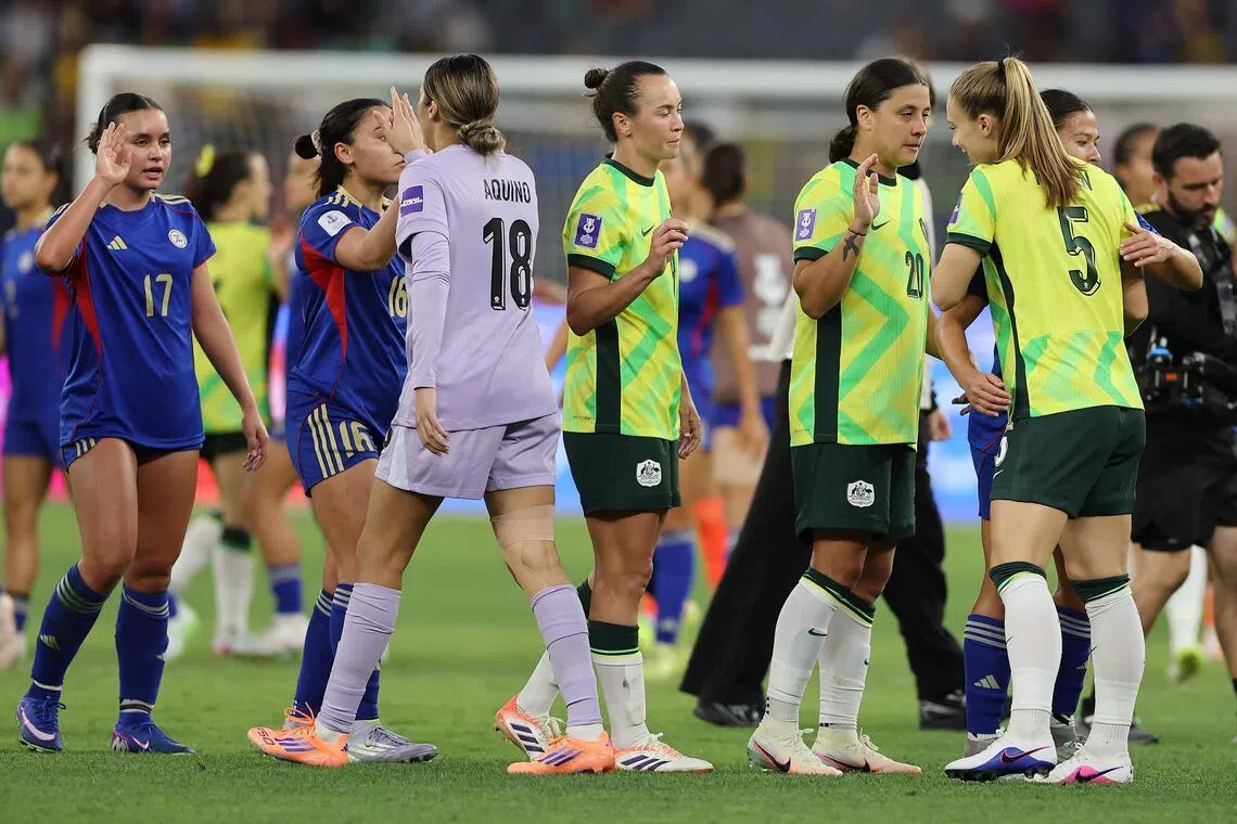 Australia's Samantha Kerr (2nd right) and teammates shake hands with Philippines' playres after the AFC Women’s Asian Cup football match at Perth Stadium on March 1, 2026.