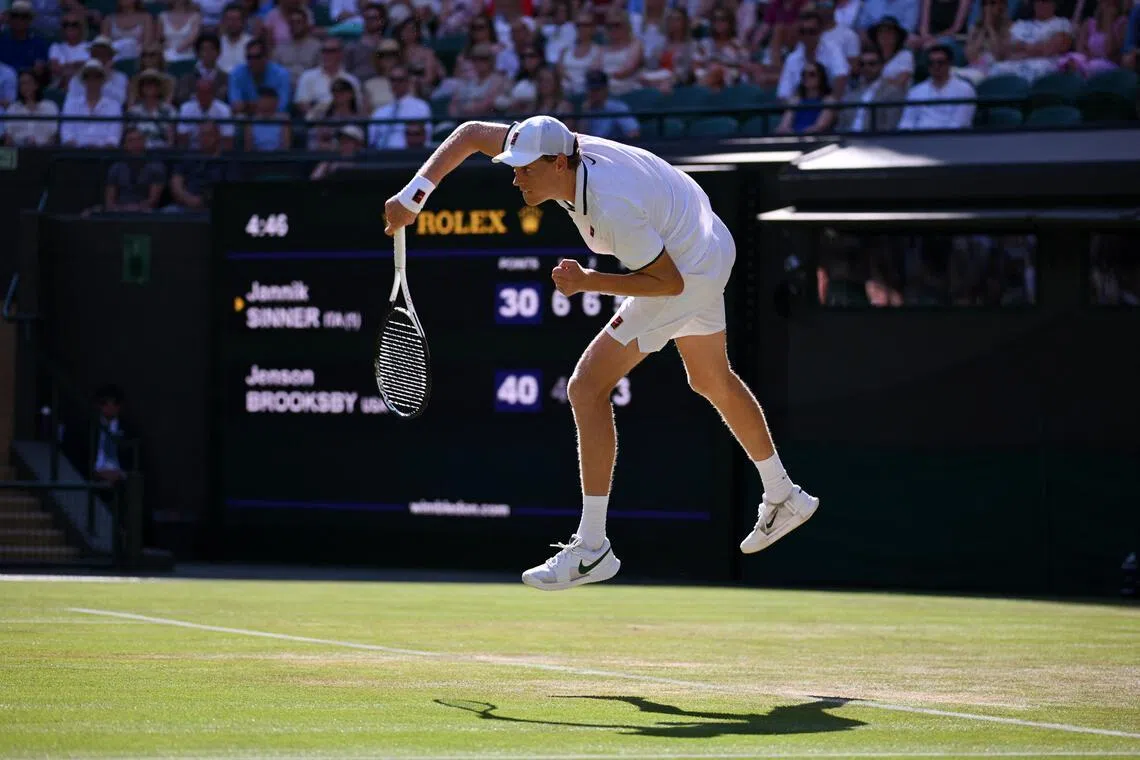 Tennis - Wimbledon - All England Lawn Tennis and Croquet Club, London, Britain - July 3, 2026
Italy's Jannik Sinner in action during his third round match against Jenson Brooksby of the U.S. REUTERS/Jaimi Joy