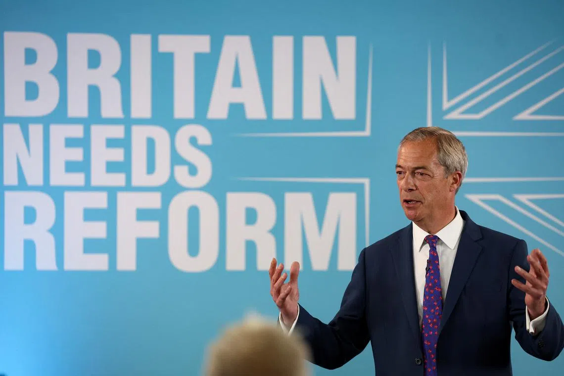 Britain's Reform UK Party Leader Nigel Farage speaks at the launch of the Reform UK manifesto in Merthyr Tydfil, Wales, Britain June 17, 2024. REUTERS/Phil Noble