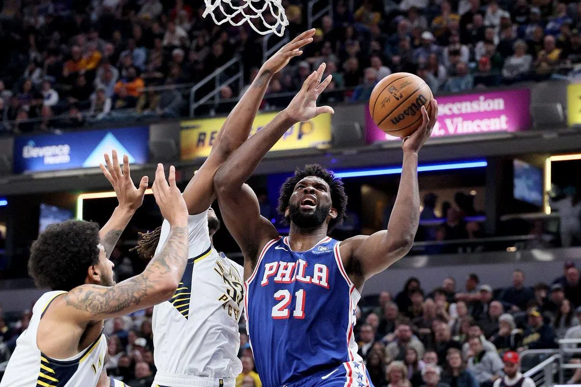 The Philadelphia 76ers' Joel Embiid going for the basket in the first half against the Indiana Pacers at Gainbridge Fieldhouse on Jan 25, 2024 in Indianapolis.