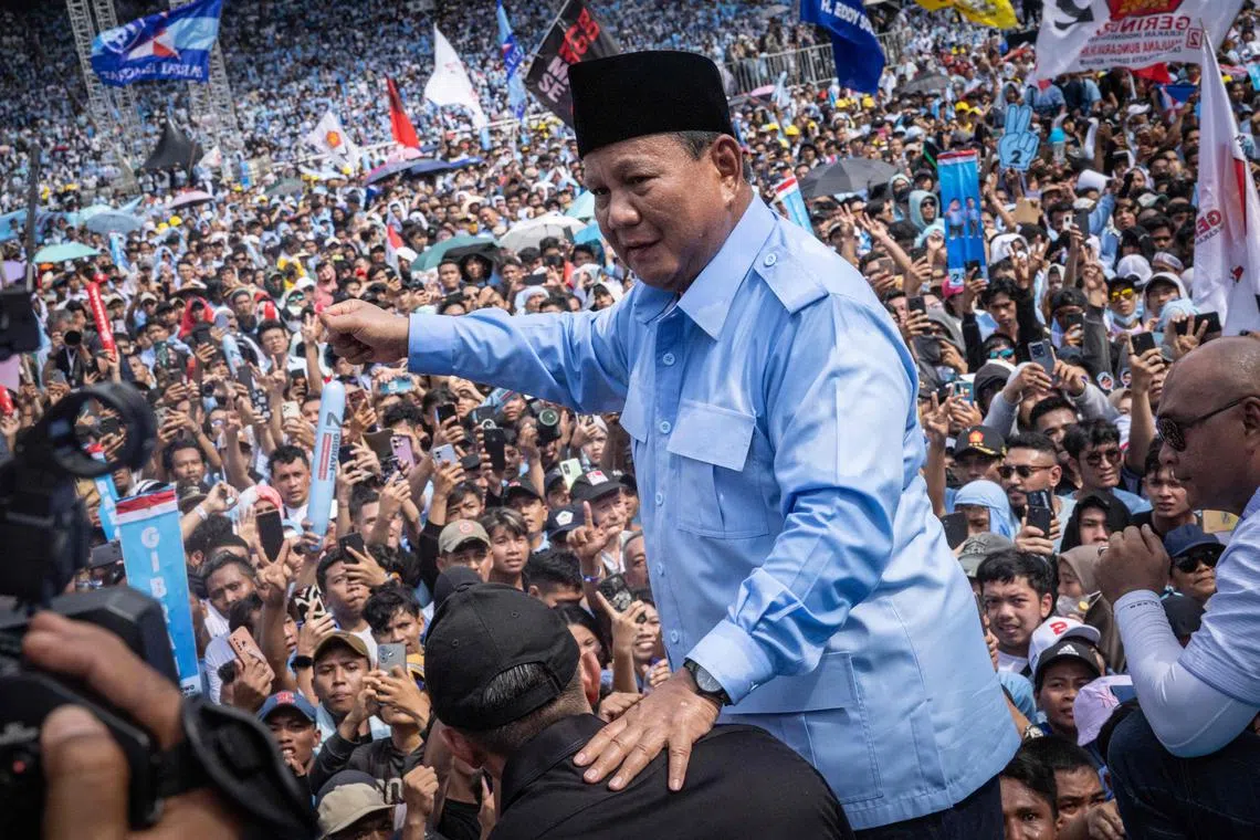 Presidential candidate Prabowo Subianto reacts during a campaign rally at the Gelora Bung Karno Stadium in Jakarta on Feb 10, 2024.