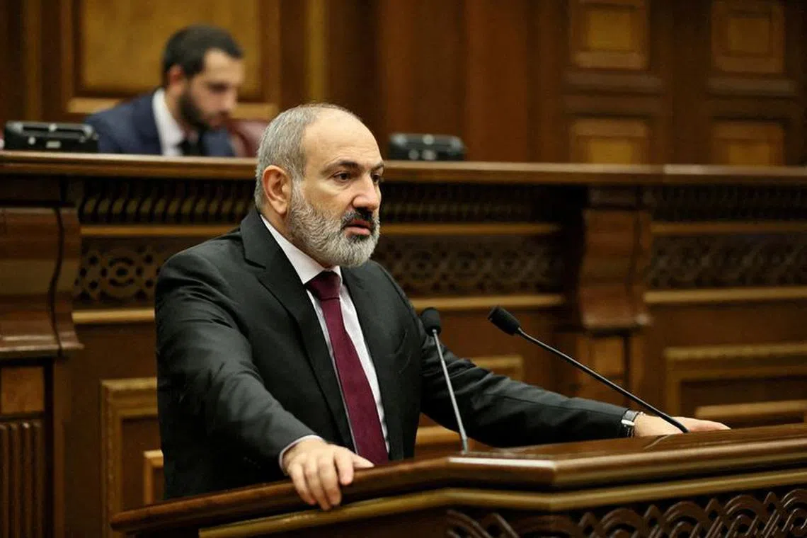FILE PHOTO: Armenian Prime Minister Nikol Pashinyan addresses parliament in Yerevan, Armenia, September 13, 2022. Tigran Mehrabyan/PAN Photo via REUTERS/File Photo