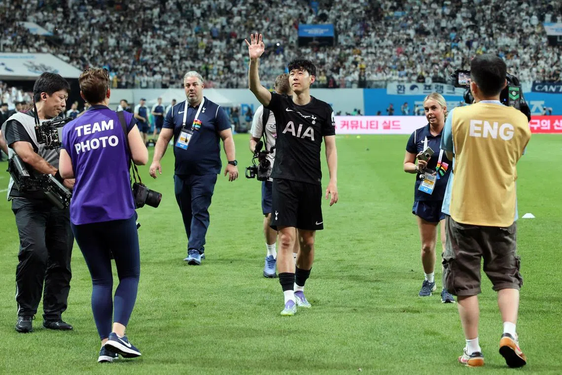 Son Heung-Min acknowledging fans after playing his last game for Tottenham Hotspur, a 1-1 friendly draw against Newcastle United in Seoul on Aug 3.